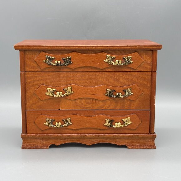 Vintage Wooden Jewelry Box with Red Velvet Lining and Mirror - Picture 3 of 15